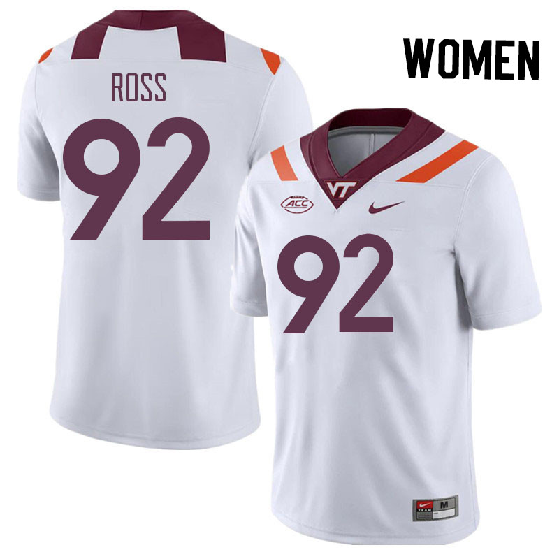 Women #92 William Ross Virginia Tech Hokies College Football Jerseys Stitched Sale-White